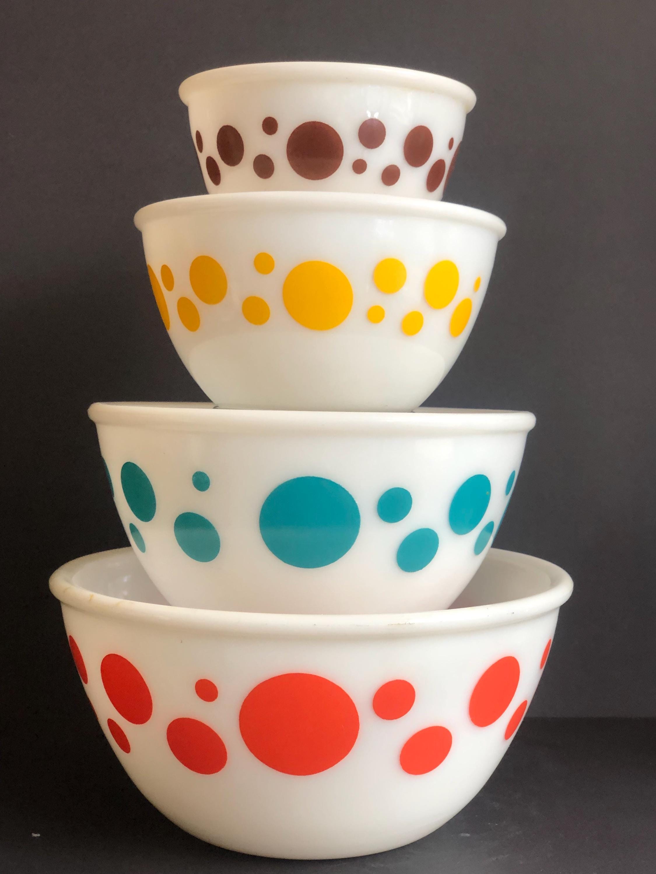 レア品　ヘーゼルアトラス　ミキシングボウルドット入れ子　ボウルセット ヴィンテージ ヘーゼル アトラス ドット ミキシング ボウル 4 個セット