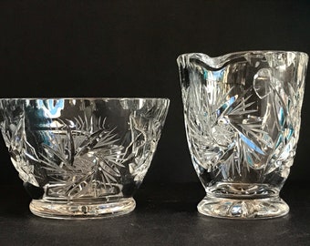 Vintage, Pinwheel  Crystal, Creamer & Sugar Bowl set, Hand Cut Glass, Tea Party, Retro Collectible 1960's