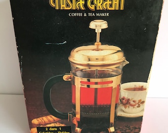 Vintage French Press Glass, Mod.Taste Great TM 08, Clear Glass and stainless steel, Tea Coffee Maker, with original box Vintage French Press Glass, Mod.Taste Great TM 08, Clear Glass and stainless steel, Tea Coffee Maker, with original box