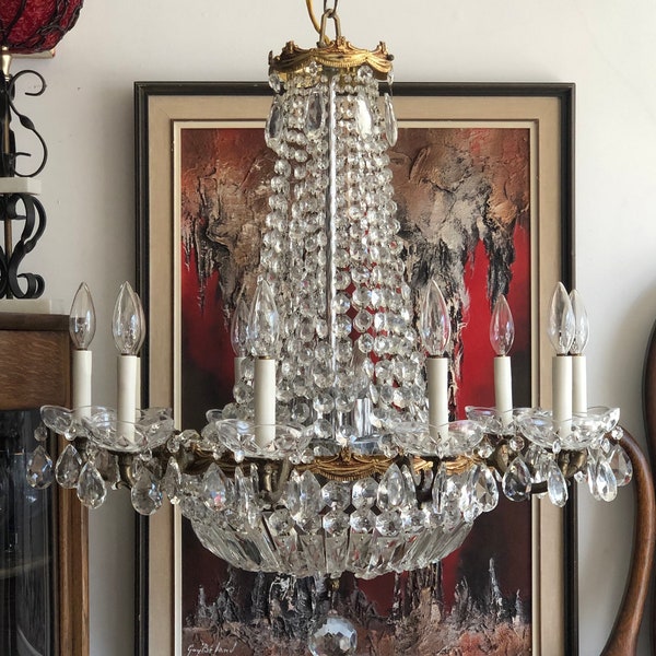RARE FIND Vintage Antique Italian Chandelier, 16 lights & 12 arms, Crystal Lustre Brass, Empire Style, Home decor 1950's