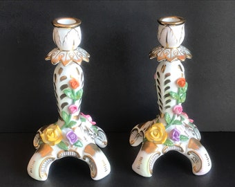 Vintage, German Porcelain Floral Candle Holder Pair, Stamped KPM with Eagle, Embossed Flower, multicolored roses