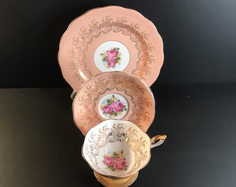 Vintage, Royal Standard, Pink Cabbage rose, # 2950,  Heavy Gold Filigree, Trio set of cup & saucer and plate, Pink Peach color,