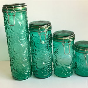 Vintage Green Glass Embossed Tall & Medium Pasta Jar w Decorative Wood Lid.