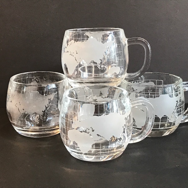 Vintage, Etched World Globe/ mugs, Nestle mug, Set of 5, Retro Glass, coffee cups, 1970’s
