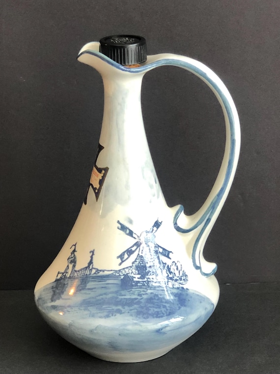 Vintage Delft Blue Ceramic Decanter, Windmill Design, Made in