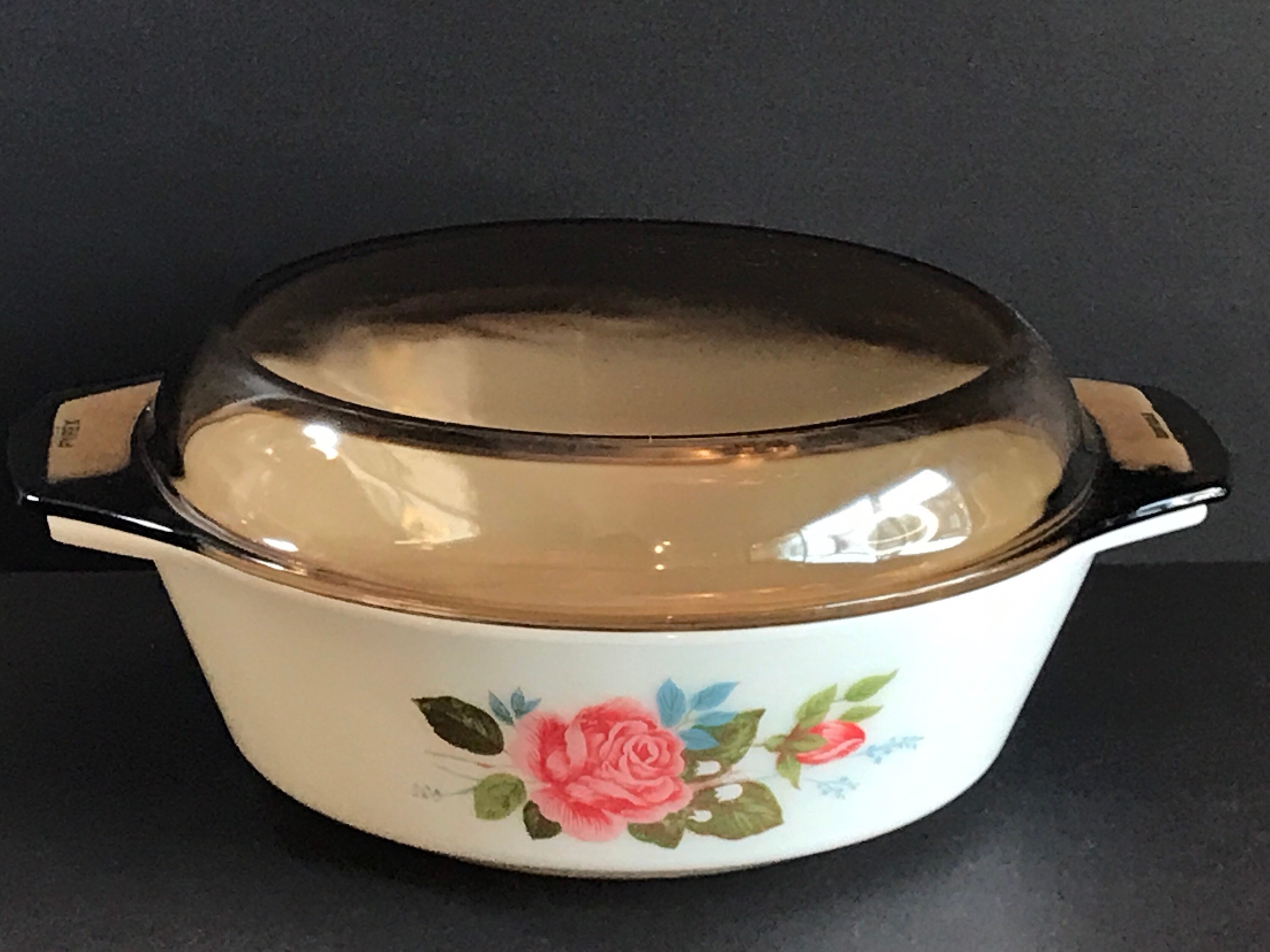 Vintage Pyrex England JAJ Milk Glass Casserole Dish, Cottage Rose