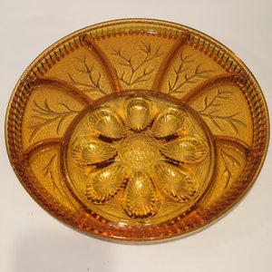 Vintage, large Party Platter, Amber Indiana, Carnival Glass, Divided eggs Plate, 13 inches, Retro, Table decor 1960's