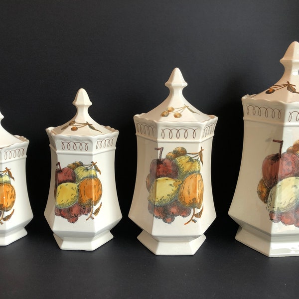 Vintage, Shafford Bennington Square, Set of 4 Ceramic  Canister w/fruit Painting, Retro Kitchen, Storage Kitchen