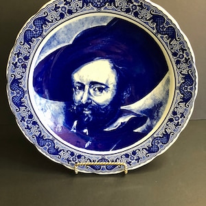 Vintage Boch La Louviere Delft Blue Wall Plate, P.P. Rubens, Leonardo da Vinci