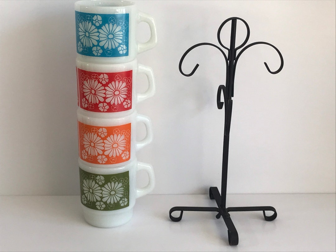 Vintage Fire King Daisy Mugs, USA Stackable Coffee Cups With Stand