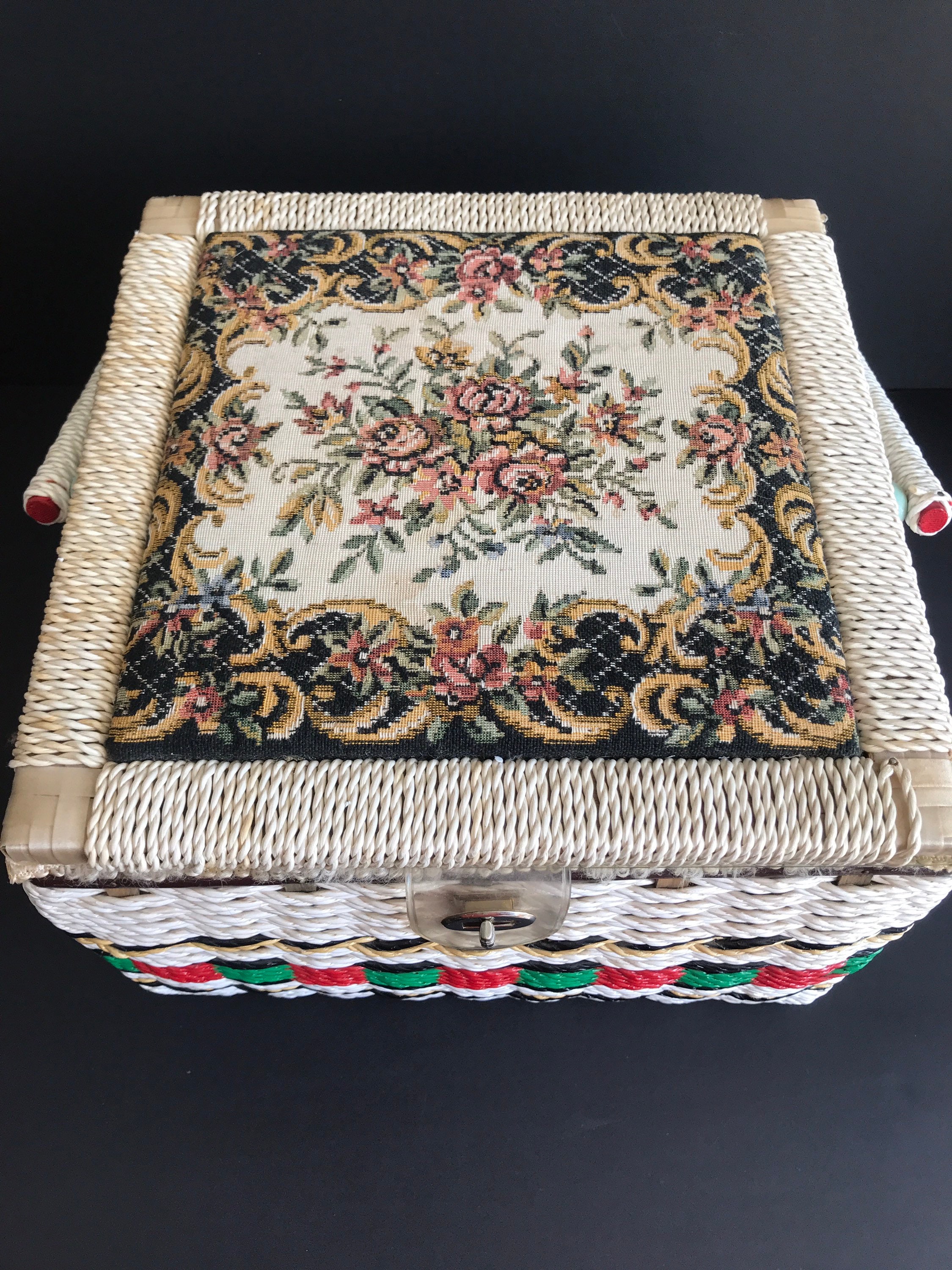 Vintage Mid Century Wicker Sewing Basket, Tapestry Floral Lid