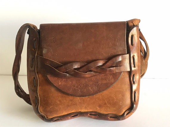 レザー編み込みハンドバッグ ヴィンテージ ハンドメイド ヴィンテージレザーショルダーバッグ、編み込みディテール、1960年代