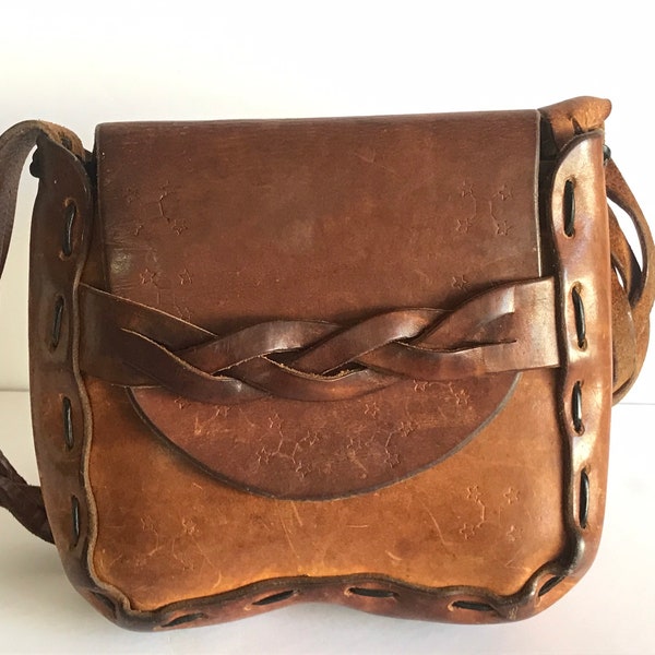 Vintage, Hand-crafted leather shoulder bag, Dark Brown, Hippie purse, leather bag, 1960’s