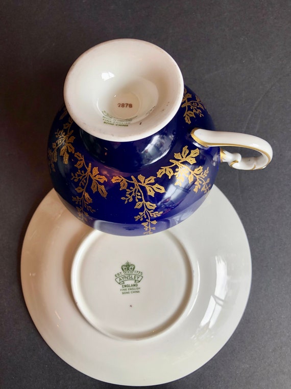 Vintage Aynsley Bone China Cup and Saucer, Navy Blue Gold Leaf