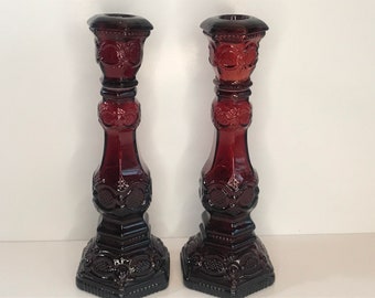Vintage, Ruby red Glass Candles holders, Set of 2 1876 Cape Cod, Oil Bottles, Vanity, Bathroom decor, 8 1/2 inches tall, 1980’s