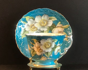Vintage Aynsley Bone China Tea Cup and Saucer, Turquoise Blue Dogwood, Gold Trim