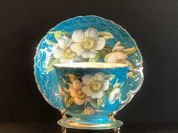 Vintage Bone China England, Aynsley Turquoise Blue Dogwood Flowers