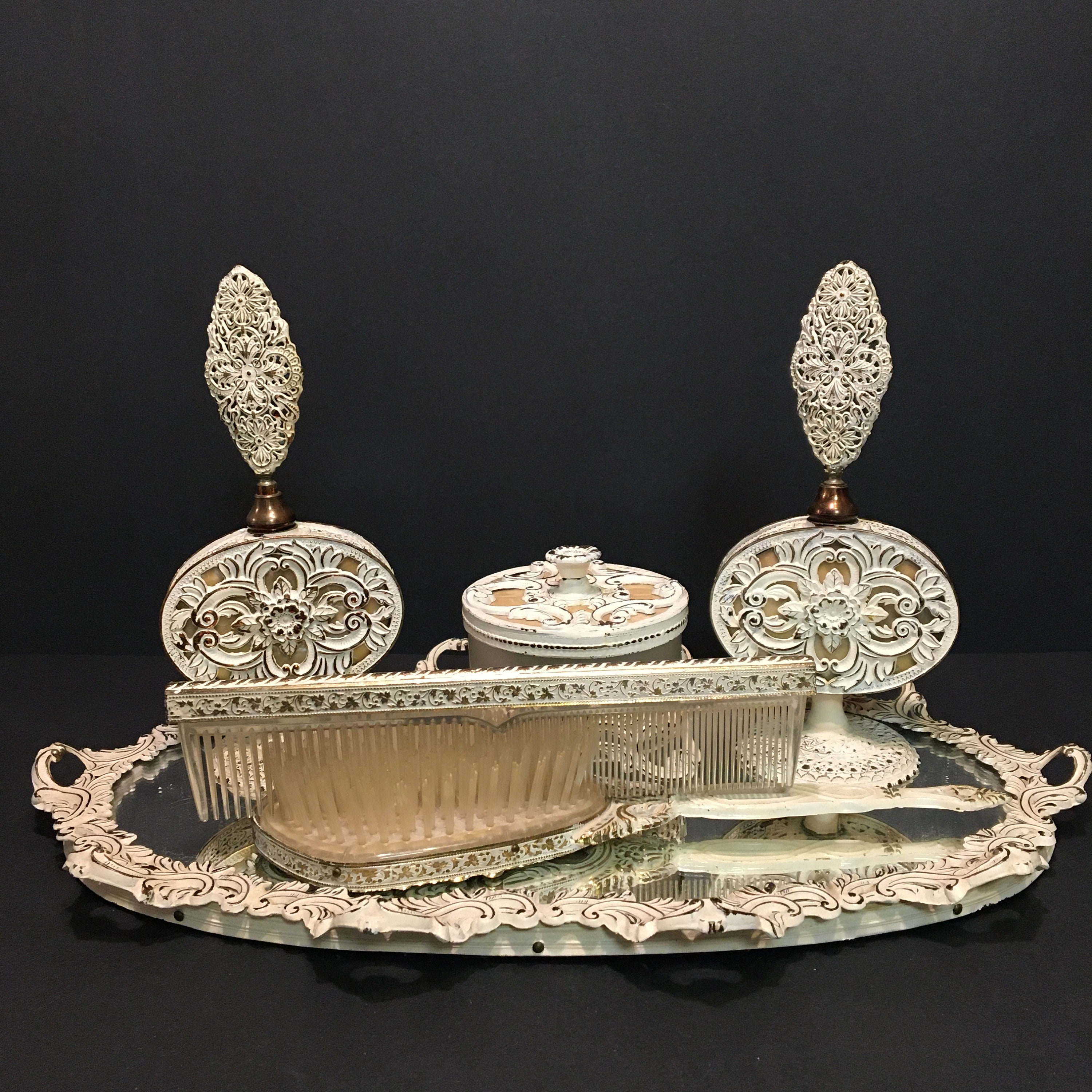 Vintage Celluloid Vanity Set, Filigree Mirror, Perfume Bottles, Powder