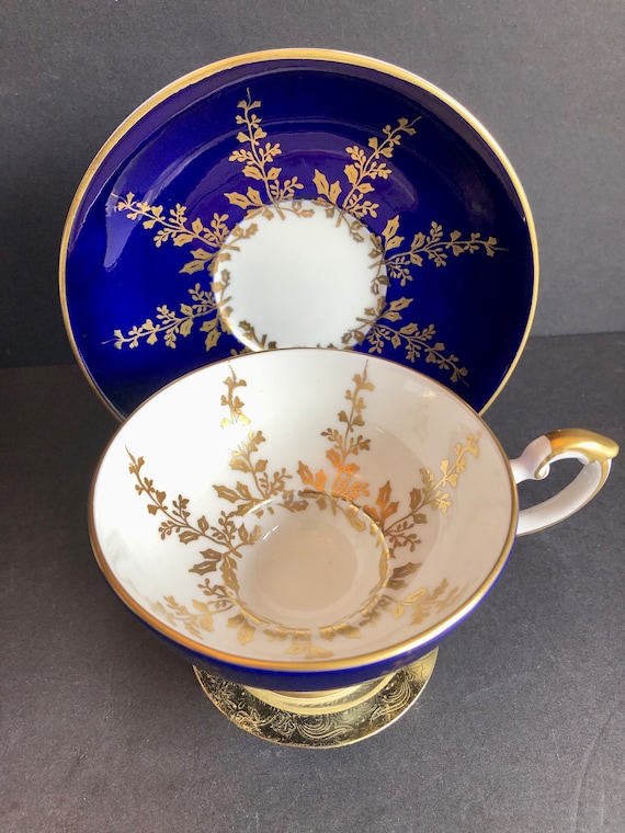 Vintage Aynsley Bone China Cup and Saucer, Navy Blue Gold Leaf