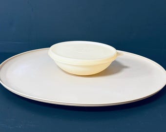 Vintage Tupperware Dip 'N Serve Set – 3-Piece Platter, Bowl and Lid – Almond / Off-White – 1970s Retro Kitchenware