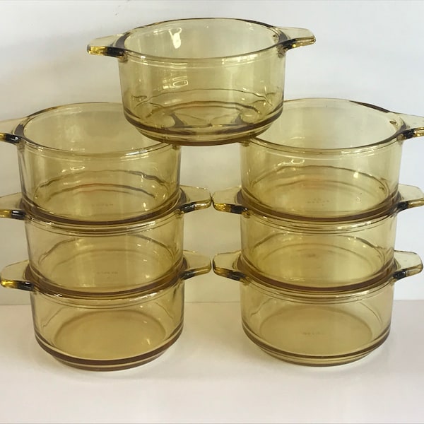 Vintage, Mexico Amber Glass, Lot of 7 individual Casserole Dishes, Ovenproof Handled bowls, Mexico Stamped, MCM 1970’s