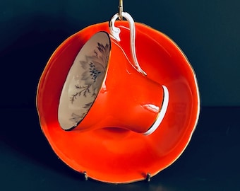 Xícara de chá e pires vintage Aynsley England Corset - Rara cor laranja queimado com detalhes em dourado - Porcelana fina