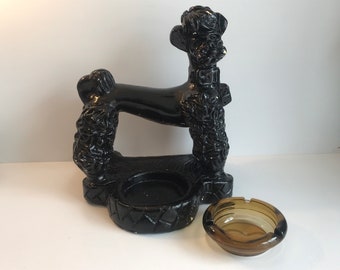 Vintage MCM Ceramic Poodle Ashtray, Black Royal Poodle, 1950s Smoker