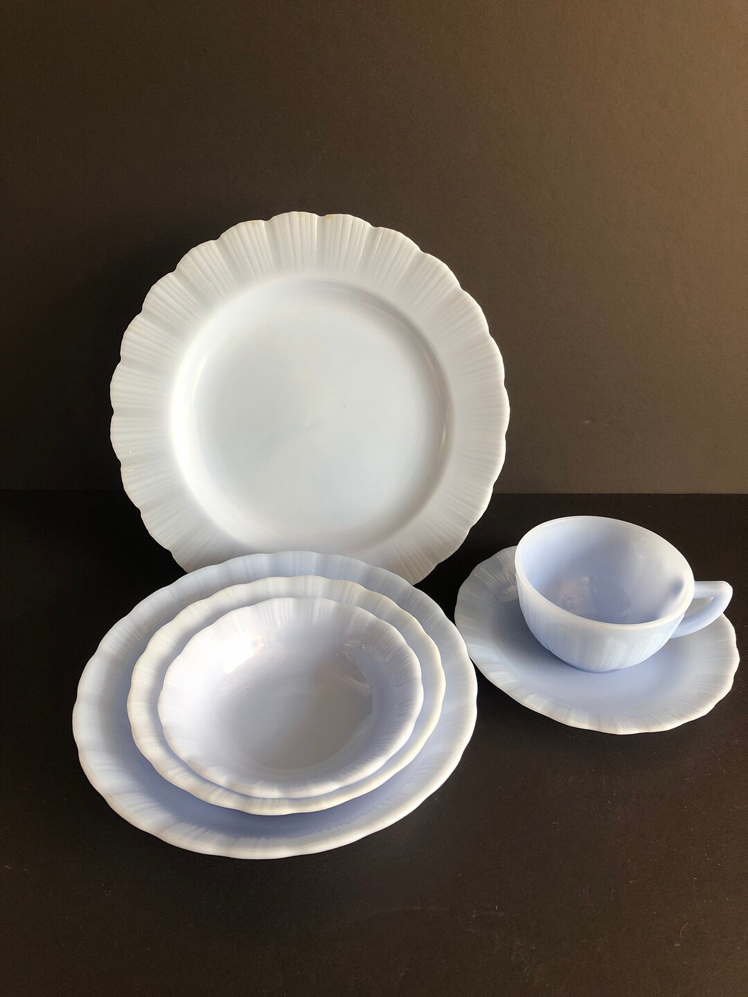 Vintage Delphite Pyrex Canada Milkglass Piecrust Pattern Mug, Bowls and