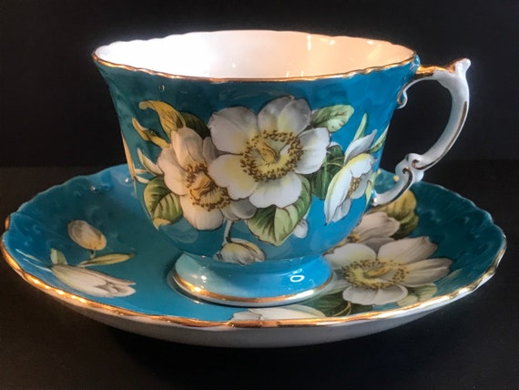 Vintage Bone China England, Aynsley Turquoise Blue Dogwood Flowers
