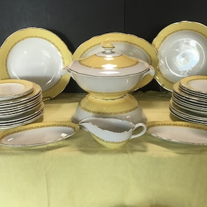 Vintage K&G Luneville Dinnerware Set, Yellow Band, Gold Rim, Full Service for 8