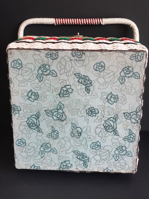 Vintage Mid Century Wicker Sewing Basket, Tapestry Floral Lid