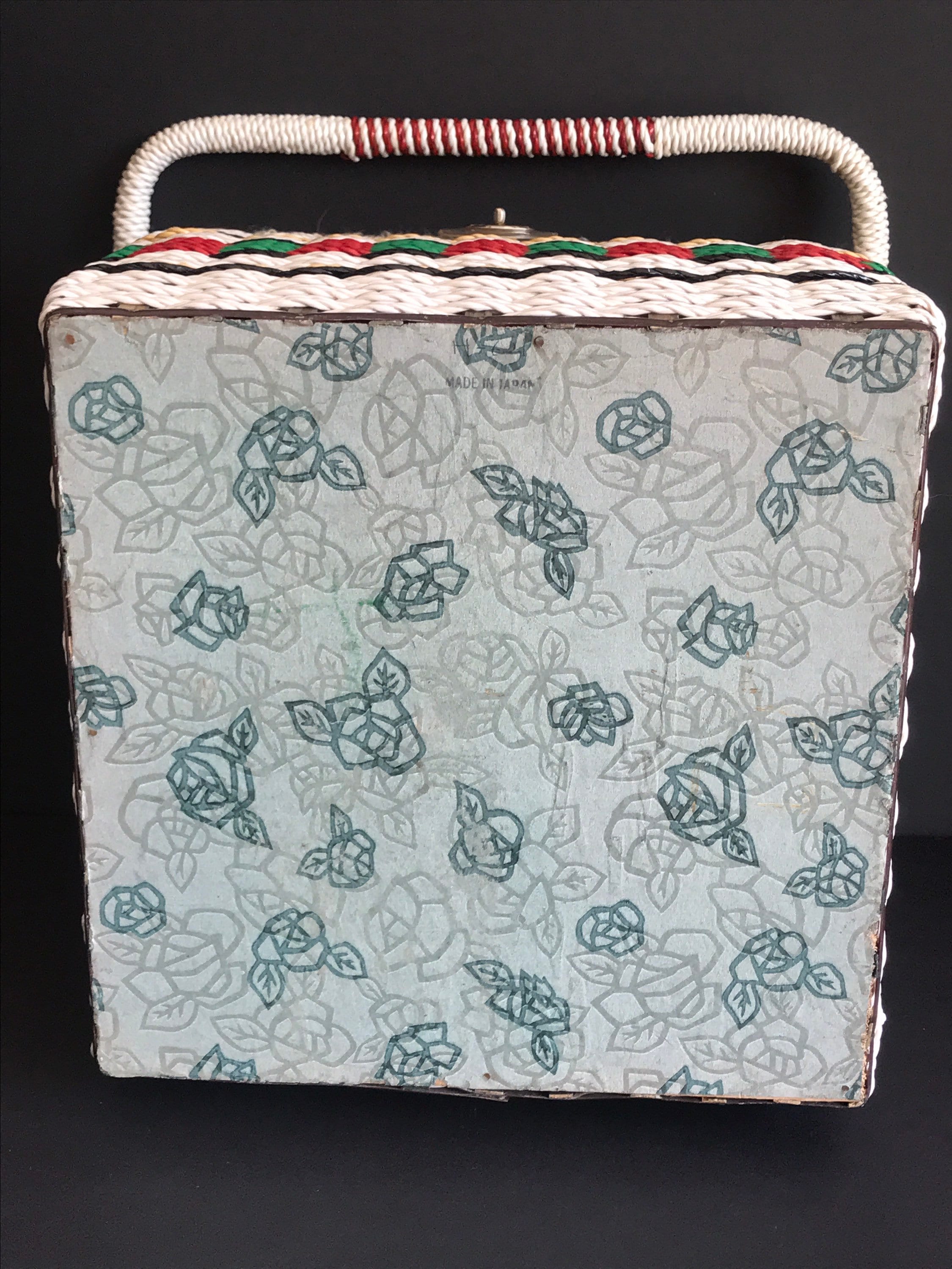 Vintage Mid Century Wicker Sewing Basket, Tapestry Floral Lid