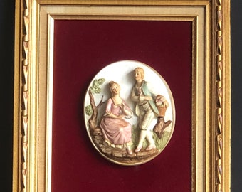 Vintage, 3 D Wall art  frame with ceramic on red velvet, Hanging Picture Victorian Man & Women, Wood Frame, Retro Home Decor