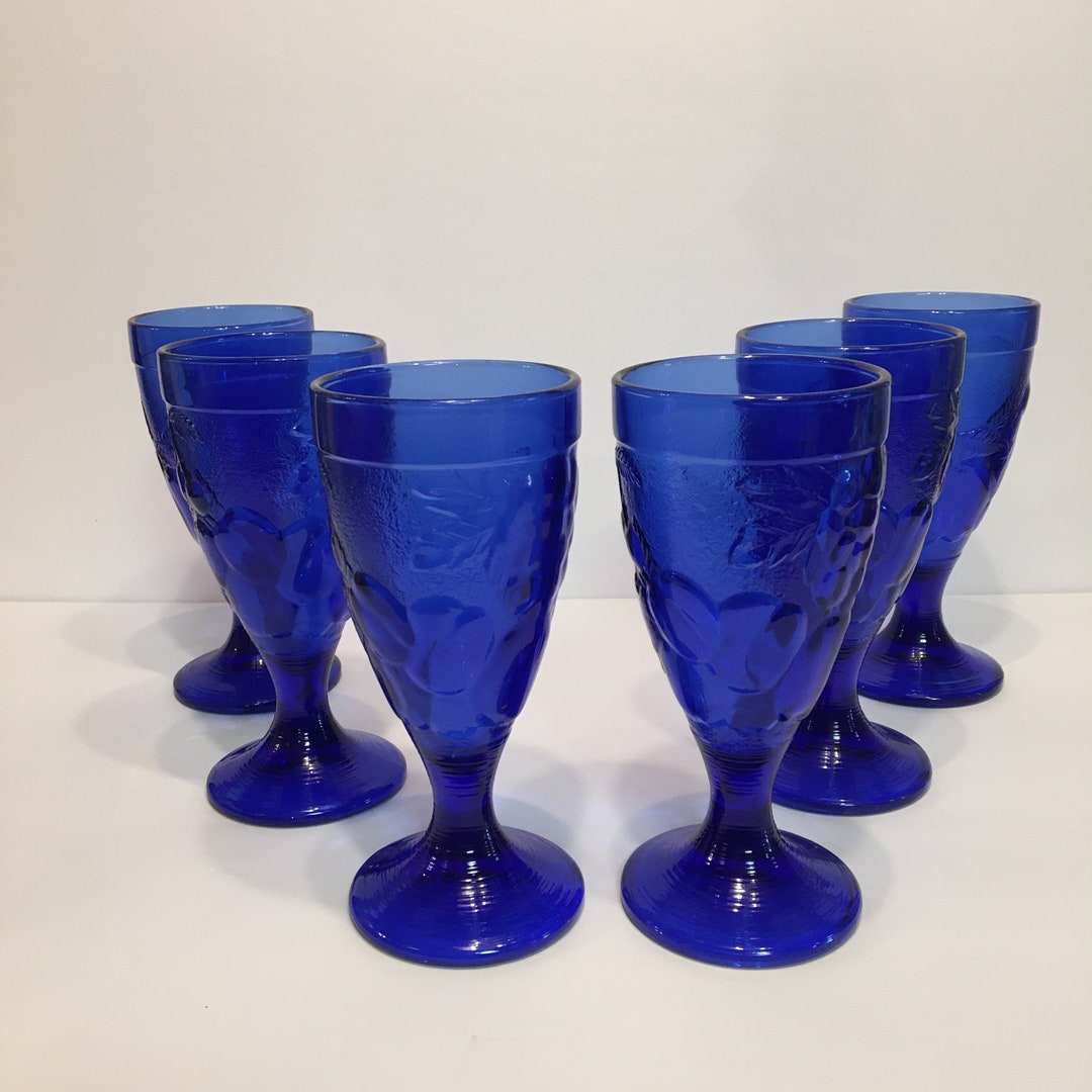 Vintage Cobalt Blue Wine Glasses Set Of 6 Stemmed Wine Glasses Made In France Pressed Glass