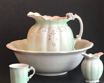 Vintage Green Wash Basin Set, Pitcher, Vase, Mug, Gold Detail