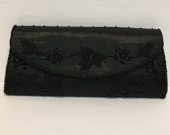 ヴィンテージブラックフローラルビーズハンドバッグ - ハンドメイド菊