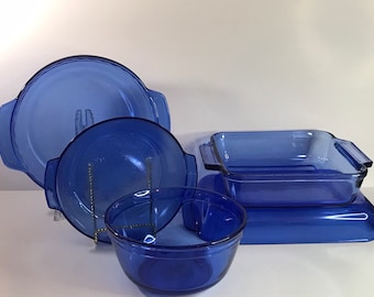 Vintage Blue Cobalt,Pyrex, Anchor Hocking, Baking dish, pie plate,Lasagna  Dish, Cake dish, Microwave and Dishwasher, Made in USA