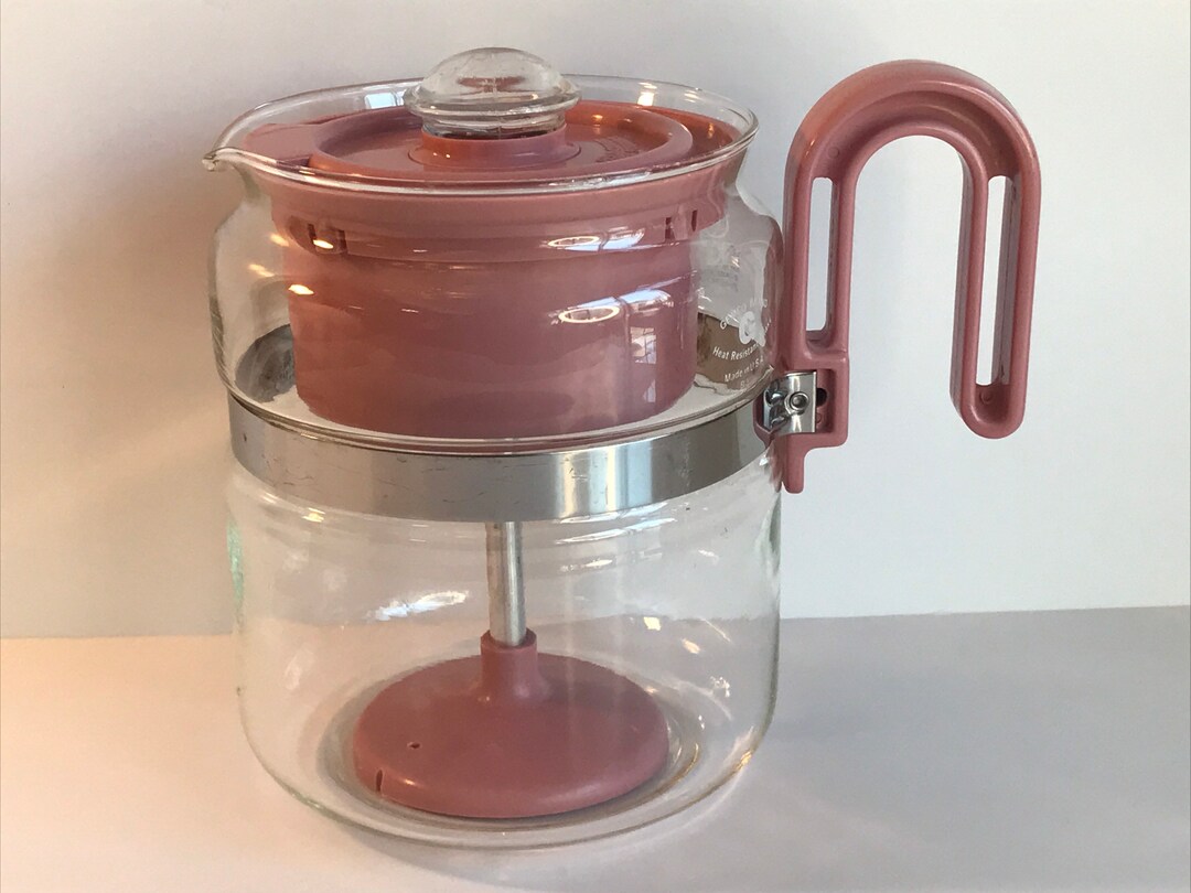 Vintage, Gemco Glass Coffee Pot, Stovetop Percolator, Pink Plastic & Clear Glass, 4 8 Cups Made