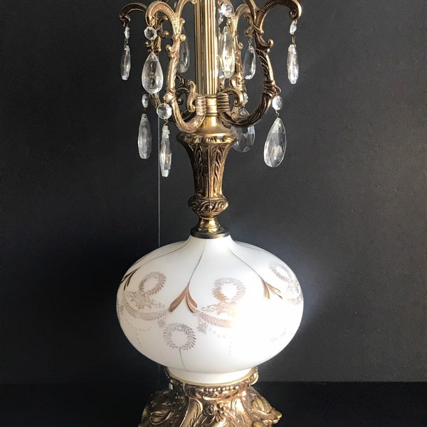 Vintage, Hollywood Regency, Carl Falkenstein Style,  Italian Table Lamp, Gold motif on white, Brass Base, MCM, Floor  Lamp available 1960s