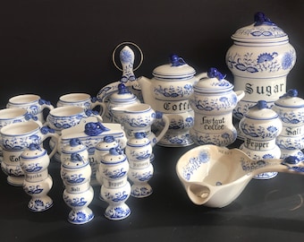 Vintage, Arnart Blue Onion Japan,Spice Jars, Napkin Holder, Coffee mug, Coffee pot and more SOLD Individually or as a set, MCM Kitchenware