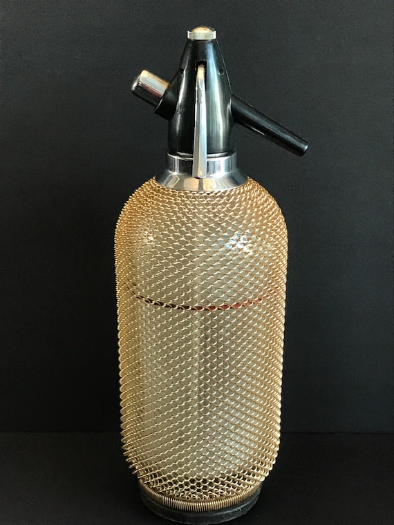 Vintage, Glass Seltzer Bottle Dispenser, Soda Siphon, Gold Mesh W