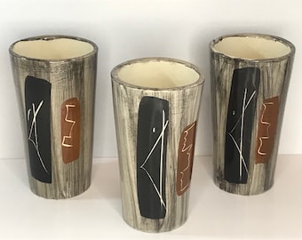 Vintage, Laurentian Pottery, 12 oz Set of 3 tumblers # 157 ,Modernist Abstract Art Pottery by Irene May Kominic MCM Barware, 1970's