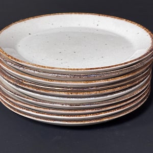 May include: A stack of round ceramic plates featuring a speckled off-white surface and a textured, dark brown rim. The plates have a slightly raised edge and a smooth, glazed finish, creating a consistent appearance throughout the entire stack.