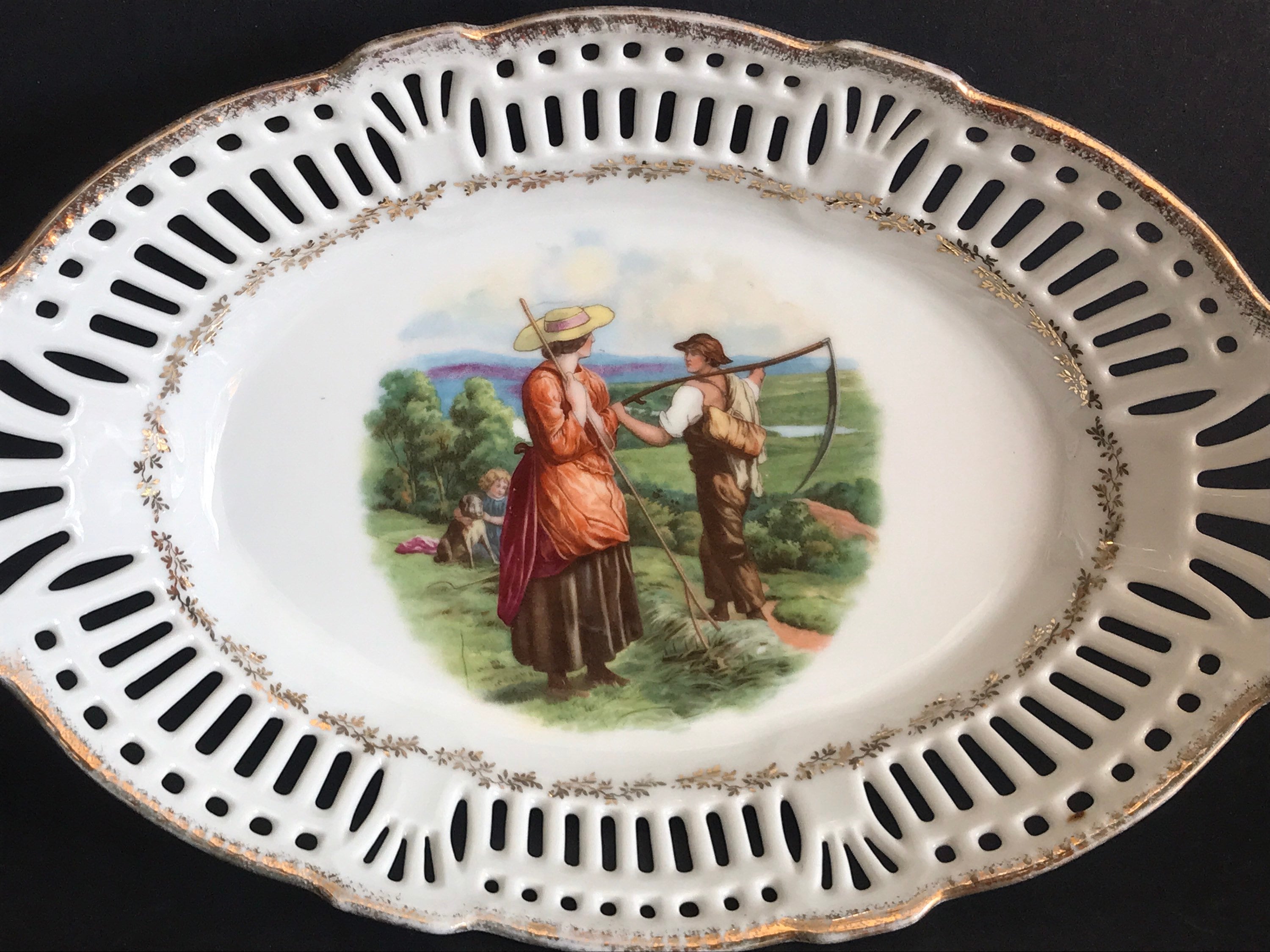 Vintage, German Porcelain Dish, Lattice Oval Bowl, Large Bowl With