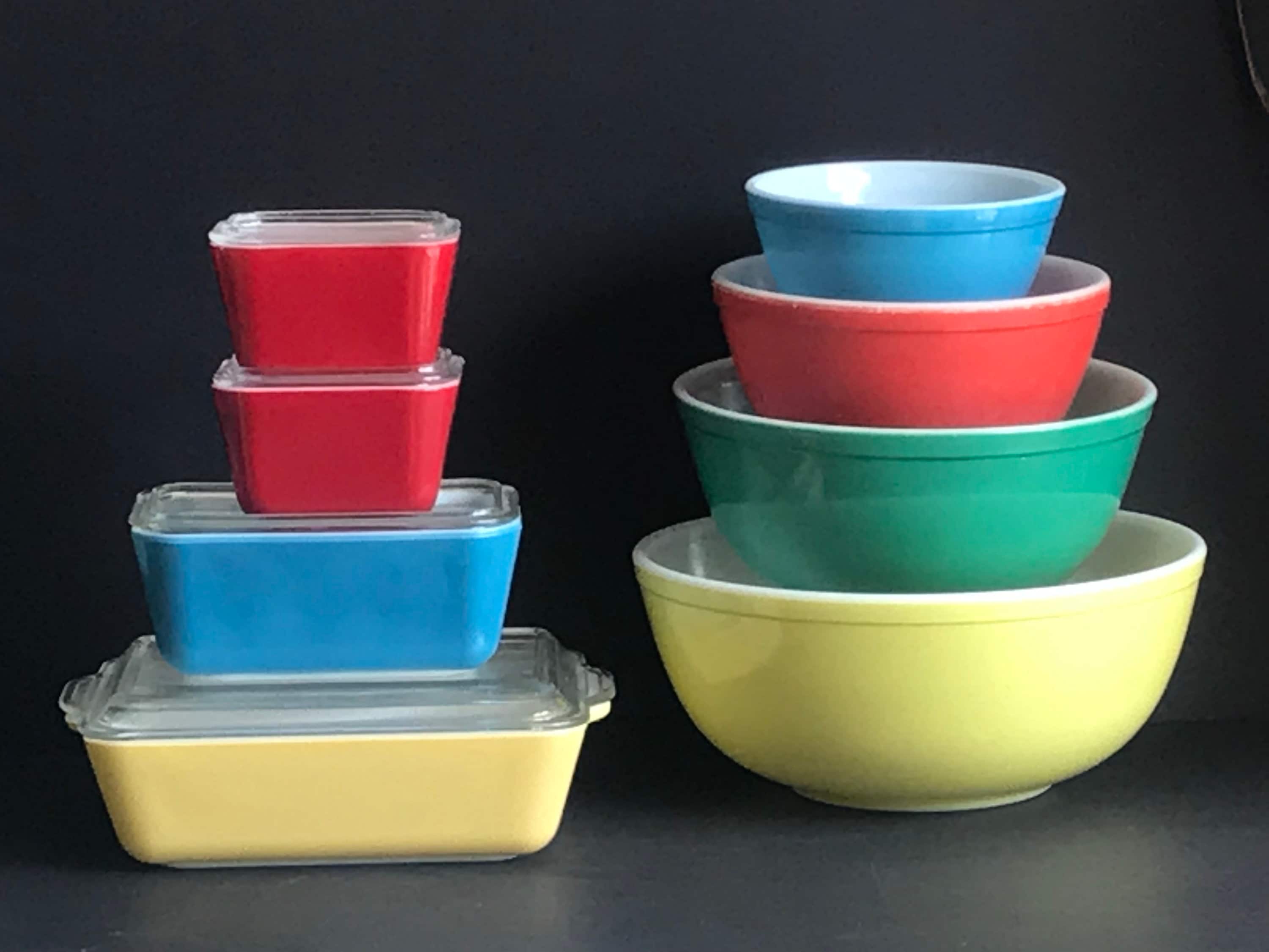 Full Set 4 PYREX Primary Color Mixing Bowls Vintage Pyrex Mixing Bowl Set  No Numbers Bowls Primitive 1940s Unnumbered Primary 