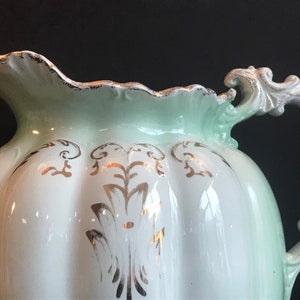 Vintage Large Wash Bassin & Water Pitcher, Vase, Mug, 4 pieces Vanity Set, Green, white with gold detail,Home decor image 8