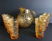 Vintage Anchor Hocking Amber Textured Water Pitcher with 8 Lido Water Gobelets Set