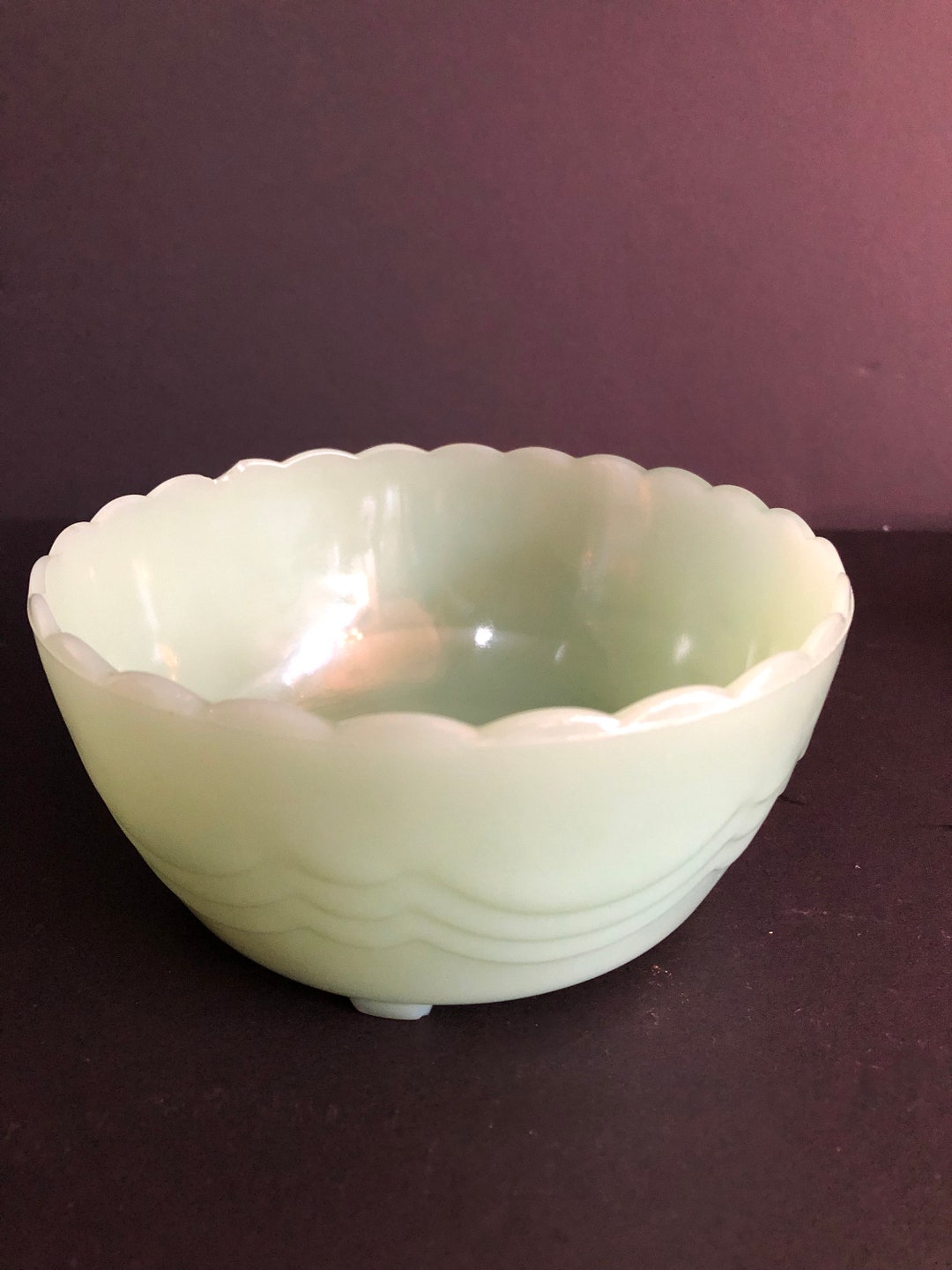 Vintage Fire King Jadeite Milk Glass Footed Scallop Oven Ware Bowl