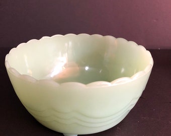 Vintage Fire King Jadeite Milk Glass Footed Scallop Oven Ware Bowl