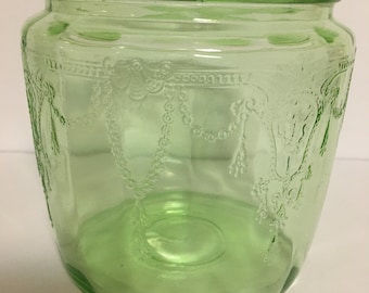 Vintage Anchor Hocking Uranium Glass Cookie Jar, Ballerina Cameo Motif